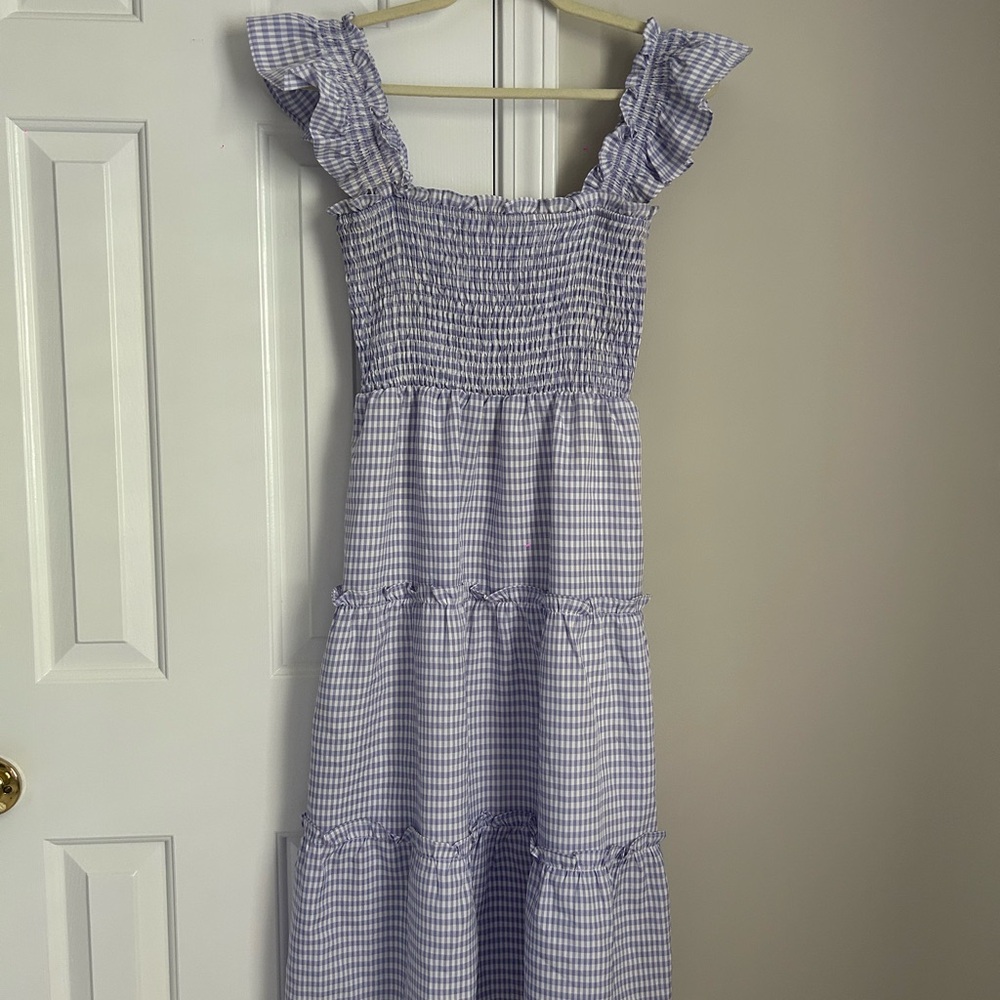 Blue & White Midi Checked Smocked Dress Sugar Lips